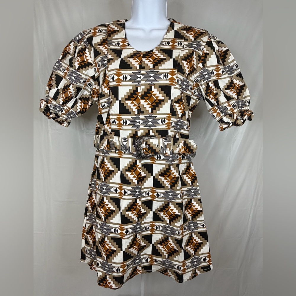 2 Fly Co Aztec Western Mini Dress Belted Puff Sleeve Medium NWT